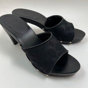 Vintage COACH Brenda Black Signature Logo Canvas Studded Wood Heels Mules Size 8